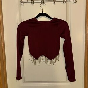 Elegant Burgundy Long Sleeve Top with Beaded Fringe